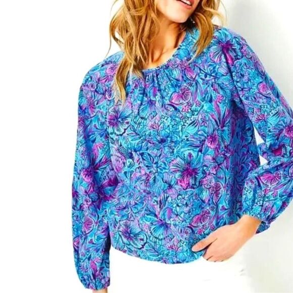 NWT Lilly Pulitzer Rilynn Long Sleeve Breakwater Blue Shells N Bells Top Size XS - Picture 2 of 12